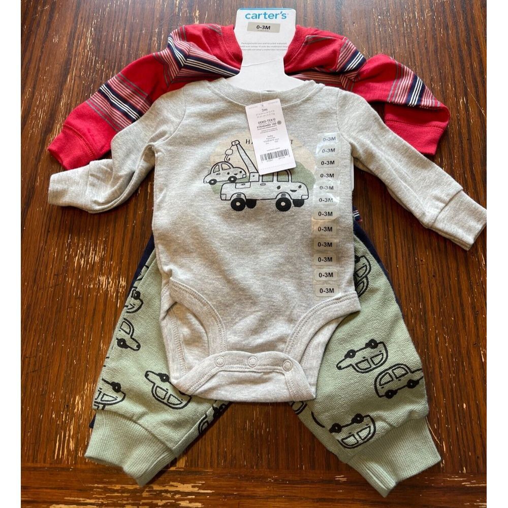 Carter's Boys 4 Piece Bodysuit Pant Set 0-3 Months - Tow Truck Red Blue Gray